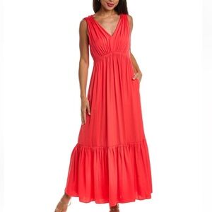 Kobi Halperin Coral Red Tiered Ruffled Maxi Sundress